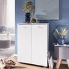 A white shoe cabinet is shown in a room with blue walls, decorated with plants and artwork. Náhled obrázku produktu