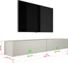 A wall-mounted TV and a TV cabinet are shown against a white background. Dimensions are indicated with text and lines. Voir les images du produit