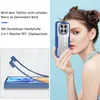 A woman holds a blue and clear phone case in front of her face, with a diagram of the case and phone on the left. Produktbild-Vorschau