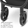 Close-up of the wheels of a stroller, with descriptive text in German. Produktbild-Vorschau