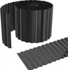 A roll of black corrugated metal edging and a section of the same edging laid out flat. Produktbild-Vorschau