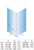A diagram of a shower cabin with dimensions labeled, accompanied by a table of measurements. Produktbild-Vorschau