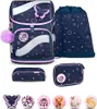 A set of school supplies including a backpack, a drawstring bag, and two pencil cases, along with decorative patches, displayed on a white background.