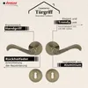 A marketing image showcasing a bronze-colored door handle set with descriptive text highlighting its features and benefits. Produktbild-Vorschau