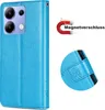 A blue flip cover case for a Xiaomi Redmi Note 13 4G, with a close-up of the magnetic closure and a graphic indicating magnetic closure. Produktbild-Vorschau