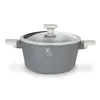 A gray pot with a glass lid and white handles, shown from the front on a white background. Náhled obrázku produktu