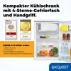 A collage featuring a compact refrigerator with awards and product details. Produktbild-Vorschau