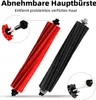 Two vacuum cleaner roller brushes, one red and one black, are shown with close-up insets of their attachment mechanisms. Text in German describes them as removable main brushes that remove matted hair. Produktbild-Vorschau