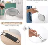 A collage of images showing a stainless steel sieve with silicone handles, highlighting its features and how it is used. Produktbild-Vorschau