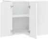 An open white cabinet with two shelves. Voir les images du produit