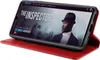 A smartphone in a red flip case is displayed, showing a movie streaming interface on its screen. Produktbild-Vorschau