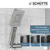 A shower head and its different spray settings are shown against a tiled wall. Produktbild-Vorschau