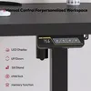 A close-up of a black adjustable standing desk's control panel and features list. Náhled obrázku produktu