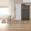 A countertop water dispenser with cups and text overlays indicating volume options and features. Produktbild-Vorschau