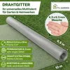 A roll of silver wire mesh is laid out on a green grassy surface, with text overlays and a close-up inset showing the mesh size. Produktbild-Vorschau