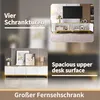 A collage of images showcasing a white and gold TV stand with different angles and text overlays. Náhľad obrázku produktu