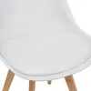 A close-up view of the seat of a white chair with wooden legs. Podgląd zdjęcia produktu