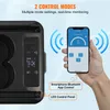 A hand holding a smartphone displaying a control app, next to a black portable cooler with an LED control panel. Produktbild-Vorschau