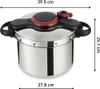 A stainless steel pressure cooker with black and red handles and a red pressure release valve, shown from a slightly elevated side view. Dimensions are indicated with measurement lines and text. Podgląd zdjęcia produktu