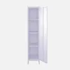 An open white metal locker with shelves against a white background. Produktbild-Vorschau