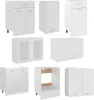 A collage of various white kitchen cabinet modules, including base cabinets and wall cabinets. Produktbild-Vorschau