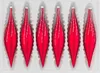 Six red glass icicle ornaments with silver glitter accents are arranged in a white plastic tray. Produktbild-Vorschau