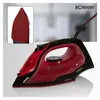 A red and black iron is shown on a white surface, with a close-up inset of its soleplate. Anteprima dell’immagine prodotto