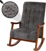 A dark gray rocking chair with a wooden frame, shown against a white background. A magnified inset shows the texture of the fabric. Podgląd zdjęcia produktu