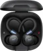 A pair of black wireless earbuds with blue accents, shown inside their open black charging case. Produktbild-Vorschau