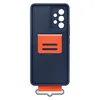 The back of a dark blue phone case with an orange strap attachment. Náhľad obrázku produktu