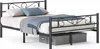 A black metal bed frame with a headboard, mattress, pillows, and a blanket. Two storage boxes are placed underneath the bed. Produktbild-Vorschau