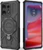 A black protective phone case with a ring holder is shown next to a smartphone displaying the time and date. Produktbild-Vorschau