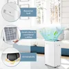A white dehumidifier is shown in a room with a window and a sofa. The image highlights features like a handle, filter, and wheels. Produktbild-Vorschau
