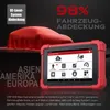 A red diagnostic tablet is shown in front of a car covered with a red cloth, with marketing text and graphics in the background. Produktbild-Vorschau