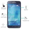 A Samsung Galaxy S5 phone is shown with various protective screen features highlighted by text and icons. Produktbild-Vorschau