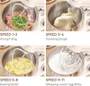 Four images showing a stand mixer being used for different tasks at different speeds. Produktbild-Vorschau