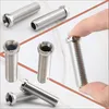 A collage of stainless steel hollow screws, with one being held by a finger. Produktbild-Vorschau