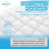 Close-up view of a quilted mattress surface with promotional text and a logo. Podgląd zdjęcia produktu