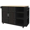A black kitchen island with a wooden top and decorative straps on the cabinet doors, shown from a front-side angle on a white background. Náhľad obrázku produktu