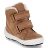 A single brown winter boot with white trim and sole, featuring two velcro straps. Podgląd zdjęcia produktu