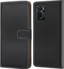 A black flip-style phone case is shown from the front and back. Produktbild-Vorschau