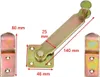 A product shot of a metal latch with dimensions indicated by text and arrows. Náhľad obrázku produktu