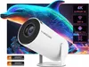 A white projector is shown in front of a colorful, abstract background featuring a dolphin. Feature callouts are present on the right side of the image, and two batteries are shown at the bottom left. Náhled obrázku produktu