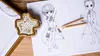A drawing of a Harry Potter character on a coloring page with colored pencils and a Hogwarts crest-shaped object. Produktbild-Vorschau