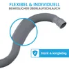 A close-up of a flexible gray hose with text overlays highlighting its features. Produktbild-Vorschau