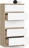 A chest of drawers with white drawer fronts and a wood-tone frame, displayed against a white background. Two decorative objects are on top. Náhled obrázku produktu