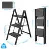 A diagram showing the dimensions of a black, foldable, three-step ladder, both in its open and folded states. Produktbild-Vorschau