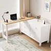 A white dresser with a wooden desk extension, set up as a home office, next to a window with blinds. Podgląd zdjęcia produktu