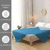 A blue quilted blanket is laid out on a bed, with a side panel showing available sizes. Produktbild-Vorschau