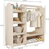 A children's wardrobe with shelves and a hanging rod, displaying clothes, hats, and baskets. Anteprima dell’immagine prodotto